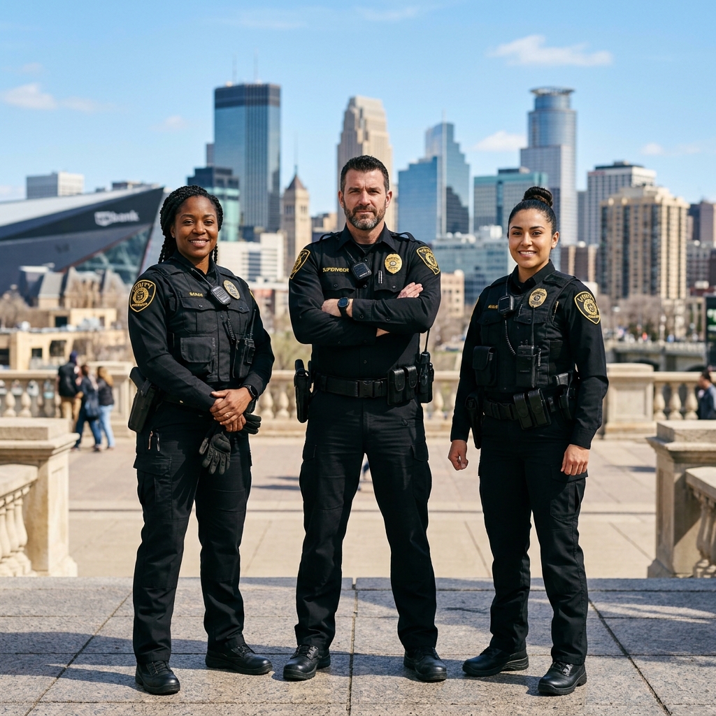 Diverse team of MSP Security Guards in front of Minneapolis Skyline